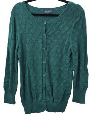 ModCloth Cardigan Sweater Womens Large Green Argyle Button Front Lightweight